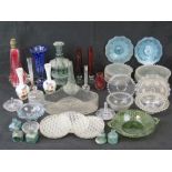 A Victorian blue cased glass vase, 21cm high, cased glass decanter a/f, specimen vases,