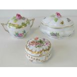 A Herend porcelain sugar bowl with twin handles and lid, Queen Victoria pattern with green border,