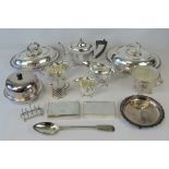 A quantity of silver plated wares including a pair of oval tureens, tea service, toast rack,