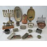 A quantity of metalwares including; a brass menorah, a golf themed silver plated toast rack,