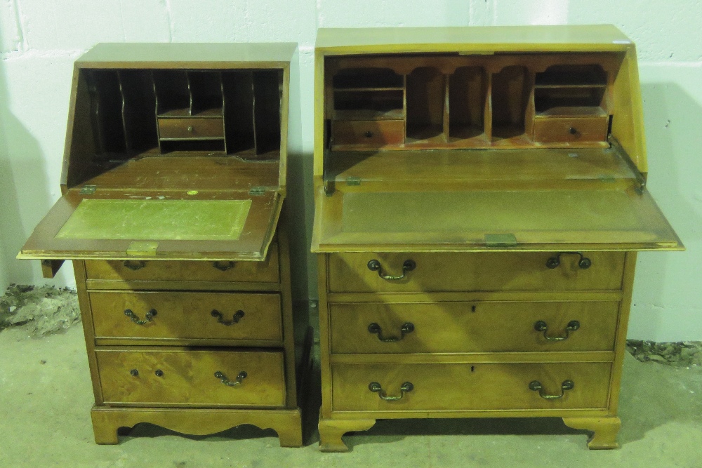 A quarter veneered mid 20th century walnut fall front bureau, 76cm wide.