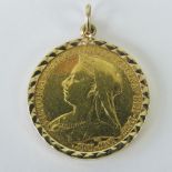A 22ct gold Victoria 1893 full sovereign, 8g, within a 9ct gold hallmarked pendant mount.