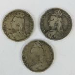 Three full silver Victoria crowns; 1890, and 2x 1891 in protective pods.