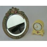 A hand painted Paladin musical clock, together with a decorative bevel edged easel mirror, a/f.