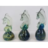Three Mdina Art Glass horse paperweights, two signed Mdenia to base, one unsigned, tallest 16.