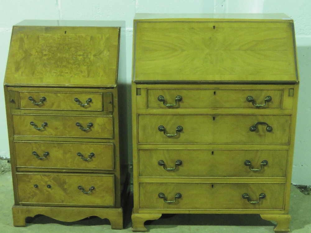 A quarter veneered mid 20th century walnut fall front bureau, 76cm wide. - Image 2 of 2