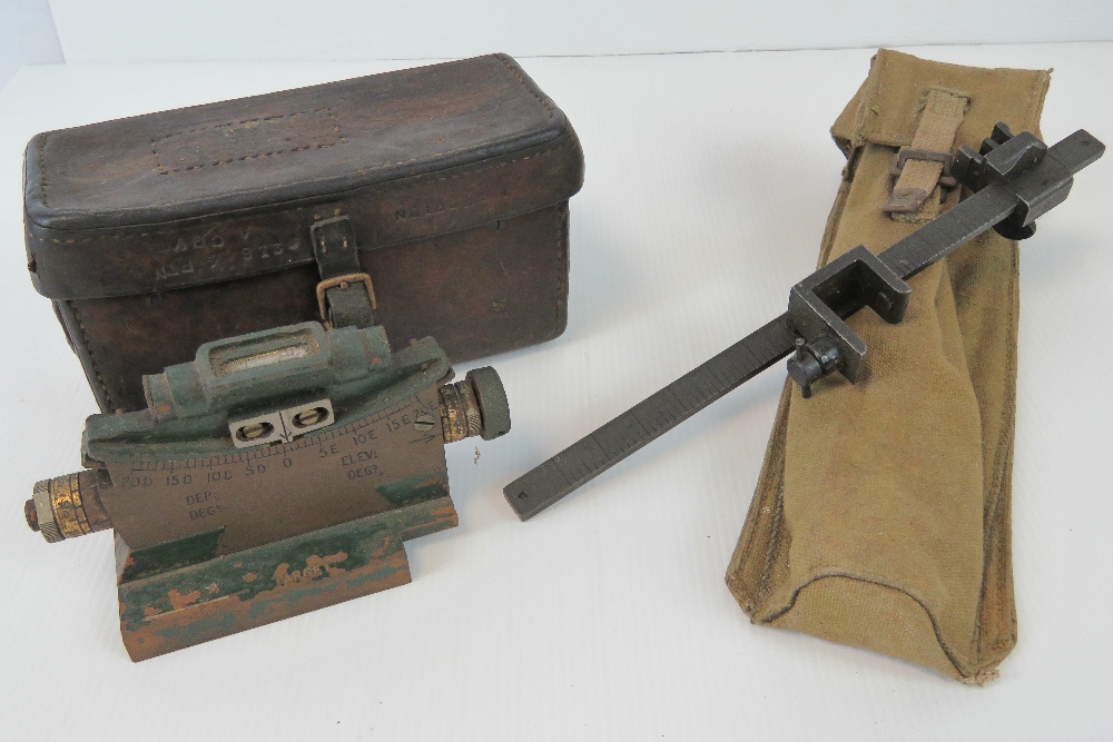 Two British military Vickers gun sights; WWII Clinometer Mk2 in WWI leather pouch,