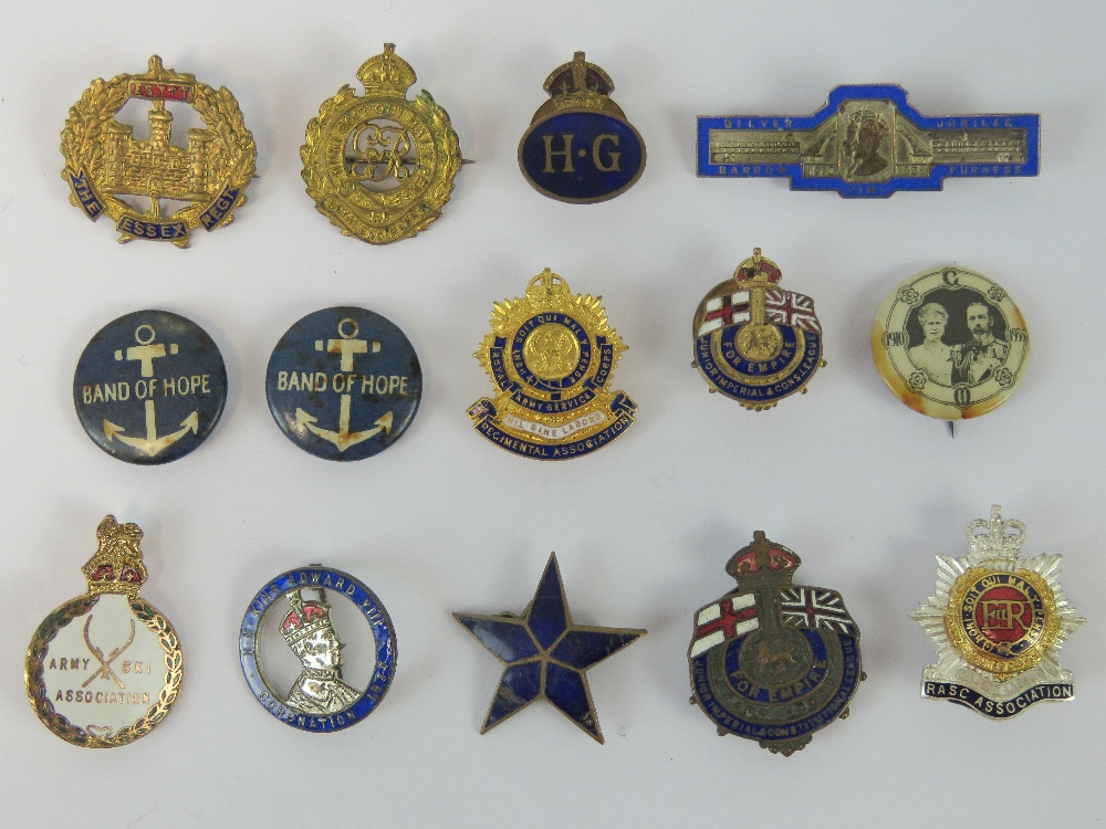 A collection of Home Front badges and enamelled commemorative and sweetheart badges including;