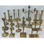 Three 18thC brass candlesticks, a pair o