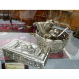 A GROUP OF EASTERN WHITE METAL AND PLATED ITEMS TO INCLUDE A DESK STAND, BOWL, CIGARETTE BOX, PRAYER