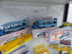 SEVEN DINKY 982 CAR TRANSPORTERS, FIVE WITH LOADING RAMPS TOGETHER WITH FOUR DINKY CARS.