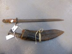 A GOOD GURKHA KUKRI KNIFE TOGETHER WITH A MILITARY BAYONET STAMPED 1917