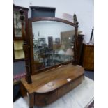 A LATE GEORGIAN MAHOGANY DRESSING TABLE MIRROR WITH A THREE DRAWER BASE. W.68.5cms.