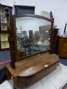A LATE GEORGIAN MAHOGANY DRESSING TABLE MIRROR WITH A THREE DRAWER BASE. W.68.5cms.