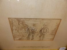 CHARLES KEENE (1823-1891) A COMIC GARDENING SCENE, INK DRAWING, INITIALLED. 10.5 x 36cms.