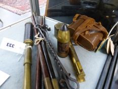 A SMALL 19th.C.POCKET THREE DRAW TELESCOPE, A PAIR OF KOBOLD 6x18 BINOCULARS, GUN CLEANING RODS,