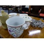 VARIOUS FLORAL DECORATED CONTINENTAL PIECES OF CHINA, A STONEWARE HOT WATER BOTTLE AND A PRISM