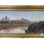 LATE 19th.C.ENGLISH SCHOOL. CATHEDRAL TOWN BY A RIVER, OIL ON CANVAS. 31x61cms.