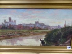 LATE 19th.C.ENGLISH SCHOOL. CATHEDRAL TOWN BY A RIVER, OIL ON CANVAS. 31x61cms.