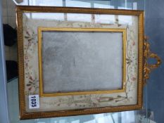 A FRENCH LOUIS XVI STYLE GILT METAL MOUNTED EASEL BACK PICTURE FRAME WITH EMBROIDERED SILK FLORAL