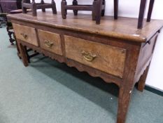 A FRENCH OAK BAKER'S TABLE WITH THREE DEEP FRIEZE DRAWERS AND PULL OUT BOARD ENDS. W.171 x D.66 x