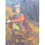NAIVE ENGLISH SCHOOL. PORTRAIT OF A SCOTTISH HIGHLANDER OFFICER WITH HIS SWORD DRAWN, OIL ON