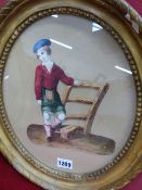 19th.C.ENGLISH/SCOTTISH SCHOOL. TWO OVAL DECOUPAGE WATERCOLOUR PORTRAITS, A SCOTTISH LAD AND LASS IN