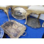 AN ELKINGTON & Co NEO CLASSIC DESIGN SILVER PLATE OVAL TWIN HANDLED TRAY. W.63cms AND TWO OTHER TWIN