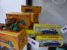 FIVE DINKY 342 MOTOCARTS, THREE DINKY 530 CITROEN CARS AND A DINKY 188 CARAVAN.