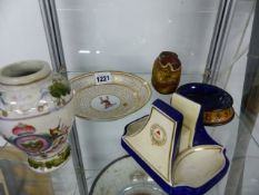 A REGENCY SAUCER DECORATED WITH A STAG CREST TOGETHER WITH A COMMEMORATIVE TEA JAR AND TWO BREWERY