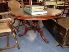 A VICTORIAN MAHOGANY TILT TOP BREAKFAST TABLE ON CARVED TRIPOD LEGS. D.112cms.