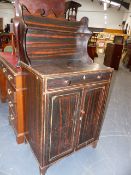 A REGENCY PAINTED PINE SMALL CHIFFONIER WITH RAISED SHELF GALLERY. W.64 x H.127cms.