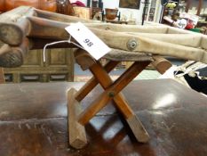 TWO EARLY ORIENTAL FOLDING STOOLS, ONE WITH WOVEN CLOTH SEAT BOTH SIGNED WITH CHARACTER MARKS