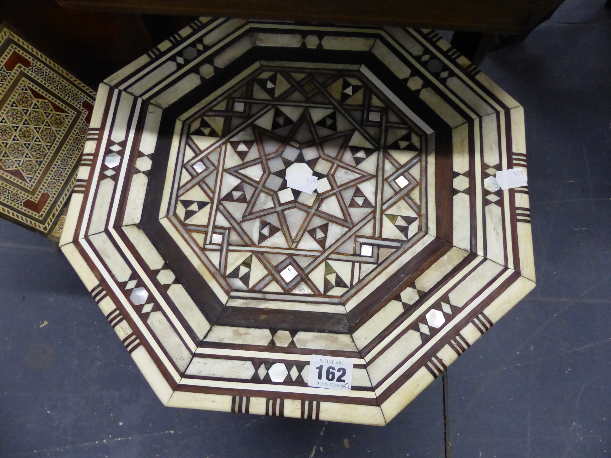 A SYRIAN INLAID KORAN STAND TOGETHER WITH A BONE AND MOTHER OF PEARL INLAID OCTAGONAL TABLE OF - Image 3 of 6