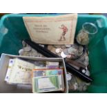 A LARGE COLLECTION OF 20th.C.WORLD COINS, A QUANTITY OF CIGARETTE CARDS AND A VINTAGE SHEATH KINFE.