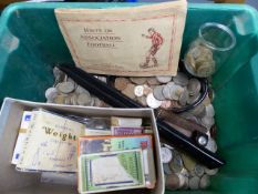 A LARGE COLLECTION OF 20th.C.WORLD COINS, A QUANTITY OF CIGARETTE CARDS AND A VINTAGE SHEATH KINFE.