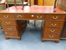 A MAHOGANY TWIN PEDESTAL WRITING DESK. W.137 x D.76 x H.75cms.