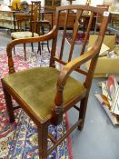 A PAIR OF 19th.C.COUNTRY ELM ARMCHAIRS ON SHAPED SQUARE SECTION LEGS.