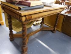 A LATE 19th.C.OAK WRITING OR CENTRE TABLE WITH CUSHION FRIEZE DRAWER, BARLEY TWIST LEGS UNITED BY