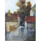 LATE 19th.C.ENGLISH SCHOOL. THE MILL STREAM, AN OIL ON CANVAS SIGNED INDISTINCTLY. 46 x 36cms.