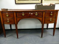 A LARGE GEO.III. MAHOGANY AND INLAID SIDEBOARD WITH DEEP CELLARETTE DRAWERS. W.183 x H.95cms.