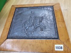 AN ANTIQUE BRONZED PLAQUE OF AN EQUESTRIAN MOUNTED ROYAL FIGURE IN A CITY SQUARE, IN MAPLE FRAME. 19