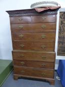 A LATE GEORGIAN MAHOGANY CHEST ON CHEST WITH TWO SHORT OVER SIX LONG GRADUATED DRAWERS STANDING ON