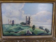 W.J.STEGGLES (ARR) 20th.C.ENGLISH SCHOOL, HADLEIGH CASTLE, A SIGNED OIL ON BOARD IN A CARVED