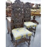A PAIR OF 19th.C.CARVED OAK CAROLEAN STYLE HIGH BACK SIDE CHAIRS.