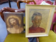 20th.C.SCHOOL. A PORTRAIT OF A GENTLEMAN OIL ON BOARD. 41 x 31cms AND AN UNFRAMED PORTRAIT OF CHRIST