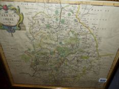 AN ANTIQUE HAND COLOURED MAP OF WARWICKSHIRE BY ROBERT MORDEN. 37 x 43cms.