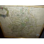 AN ANTIQUE HAND COLOURED MAP OF WARWICKSHIRE BY ROBERT MORDEN. 37 x 43cms.