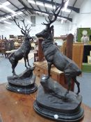 A PAIR OF BRONZE FIGURES OF STAGS IN THE FRENCH ANIMALIER MANNER, SIGNED AND ON MARBLE BASES, MODERN