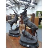 A PAIR OF BRONZE FIGURES OF STAGS IN THE FRENCH ANIMALIER MANNER, SIGNED AND ON MARBLE BASES, MODERN